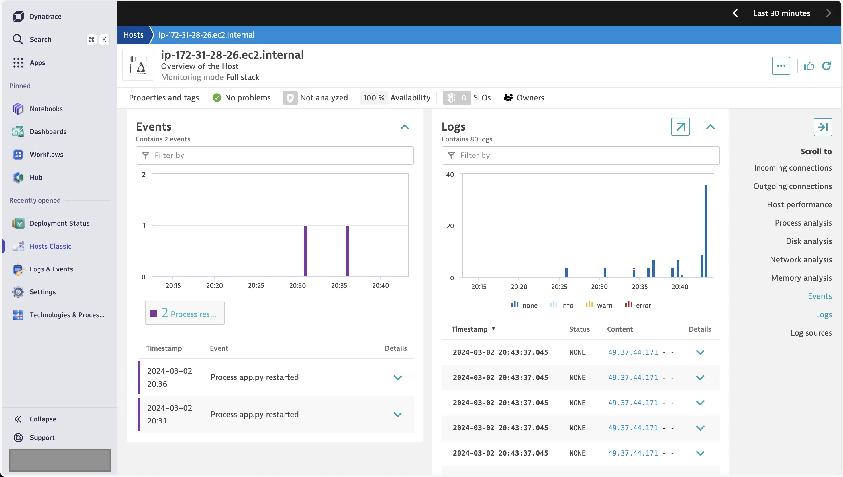 Dynatrace UI showing events and logs