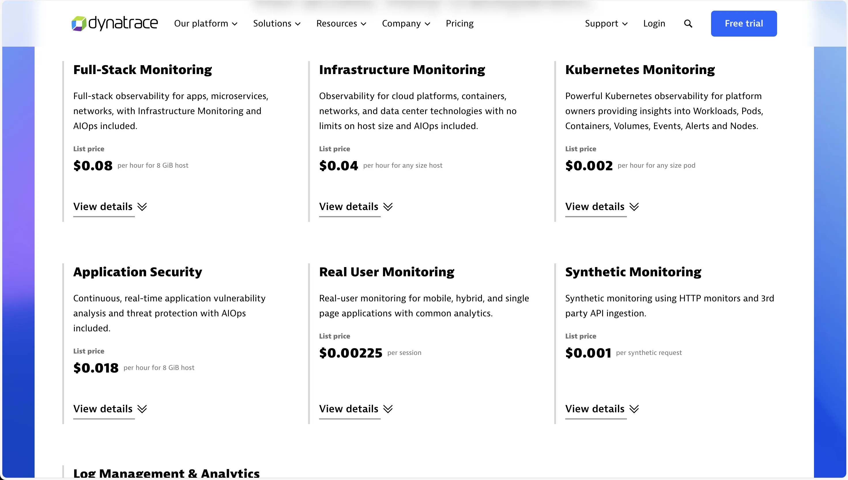 Dynatrace pricing page