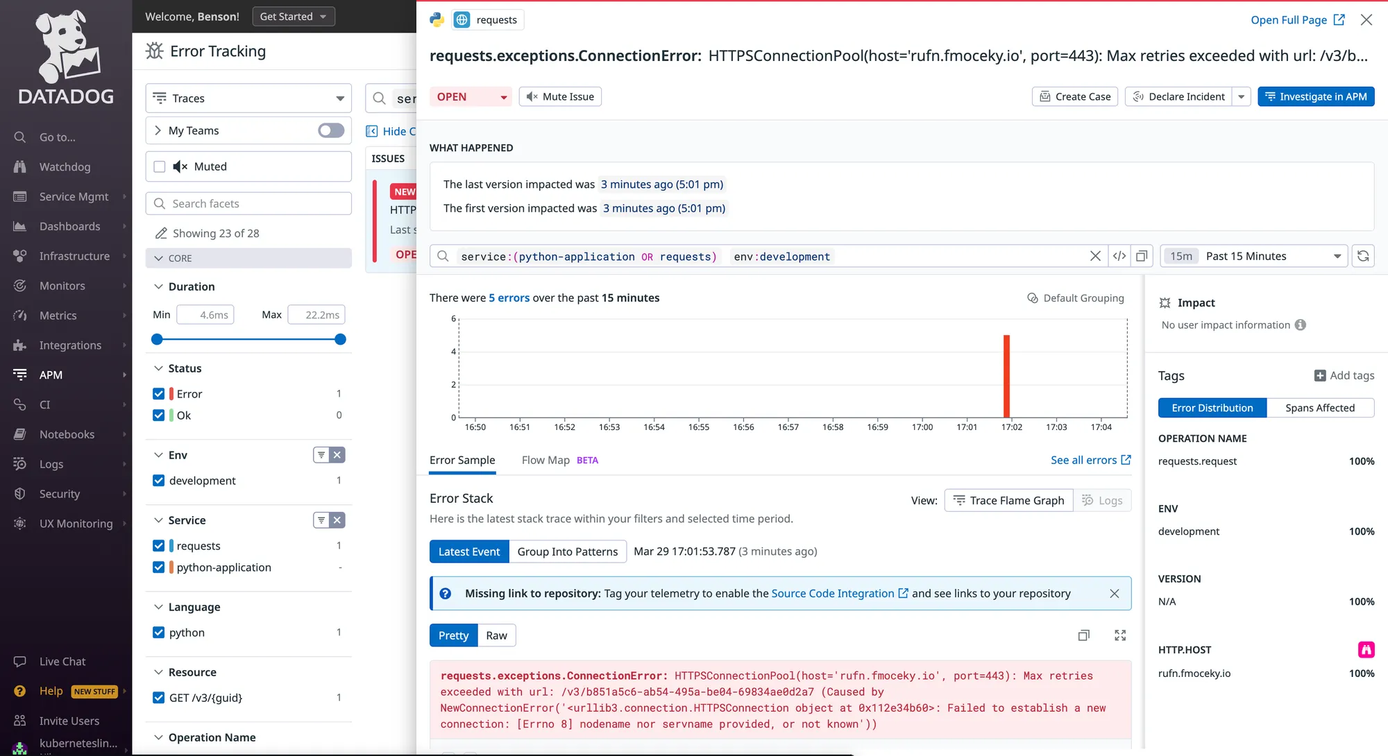 Error tracking of the sample application in Datadog’s APM