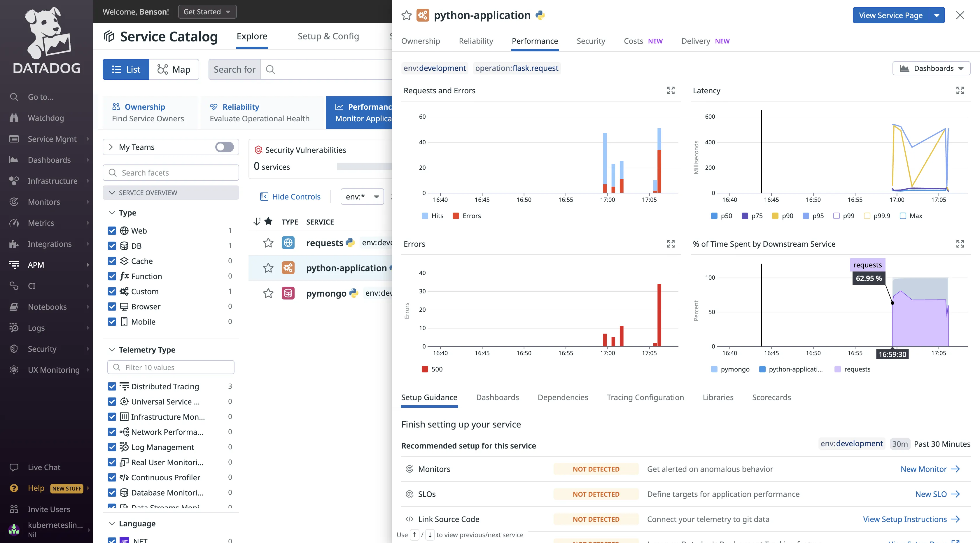 Insight into application performance metrics displayed in Datadog’s APM