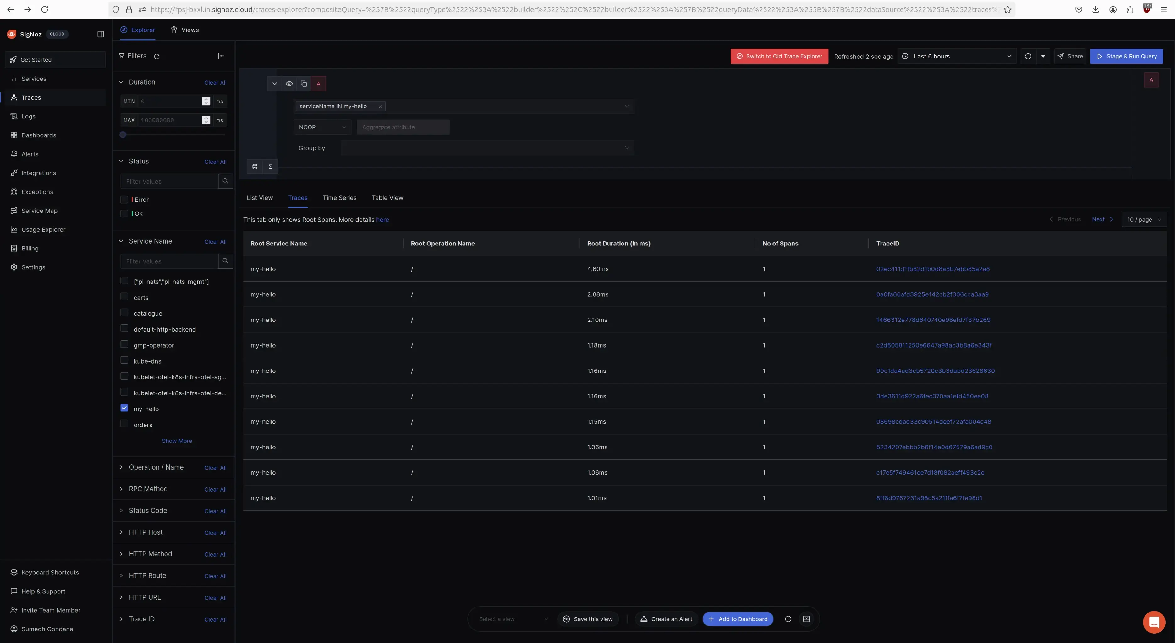 Traces in SigNoz Dashboard