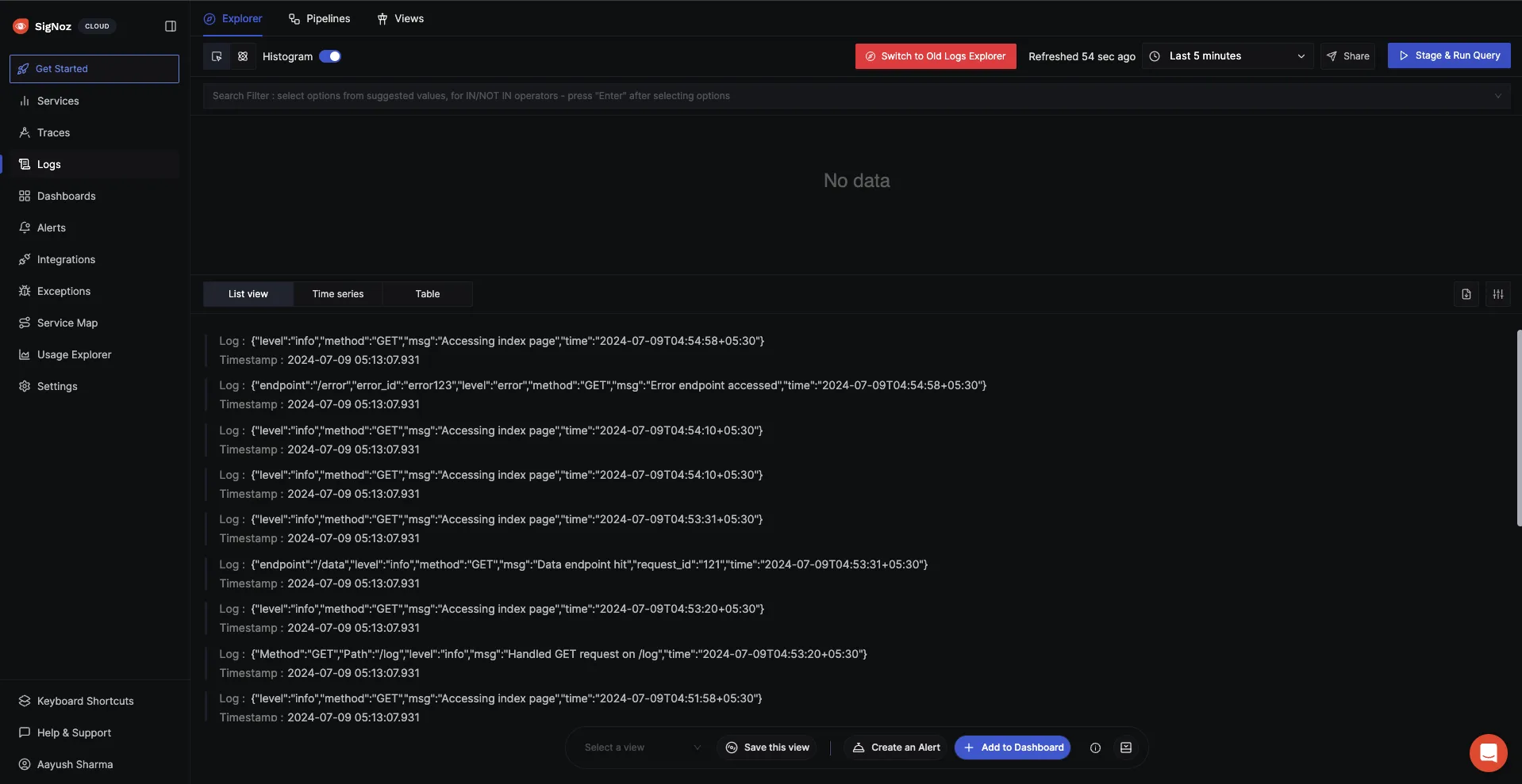 SigNoz localhost showcasing the log output of the above application.